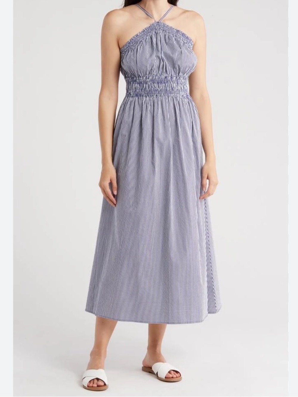 RACHELL PARCELL Striped Halter Midi Dress blue & whist Stretch Cotton Poplin med